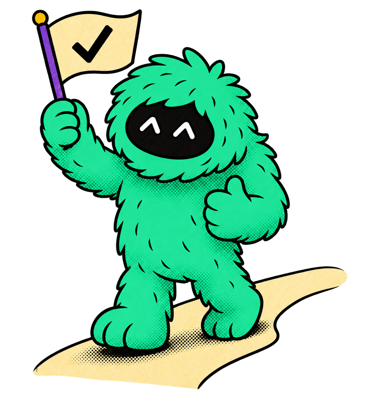 Kerbi raises a finished flag and gives a thumbs-up.